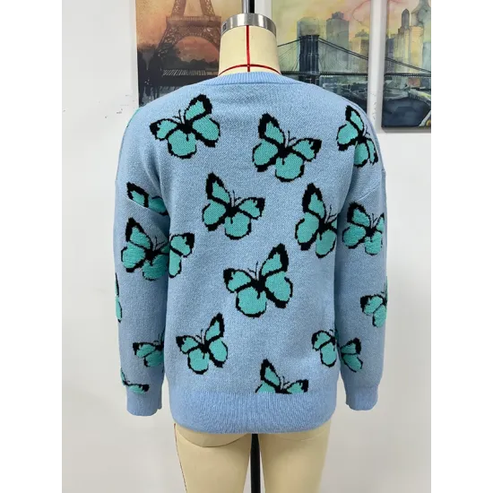 Original Long Sleeves Loose Butterfly Print Contrast Color Round-Neck Sweater Tops Original Long Sleeves Loose Butterfly Print Contrast Color Round-Neck Sweater Tops