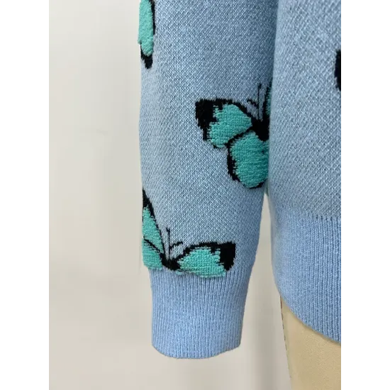 Original Long Sleeves Loose Butterfly Print Contrast Color Round-Neck Sweater Tops Original Long Sleeves Loose Butterfly Print Contrast Color Round-Neck Sweater Tops