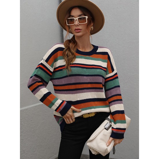Original Long Sleeves Loose Contrast Color Striped Round-Neck Sweater Tops Original Long Sleeves Loose Contrast Color Striped Round-Neck Sweater Tops