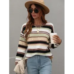 Original Long Sleeves Loose Contrast Color Striped Round-Neck Sweater Tops