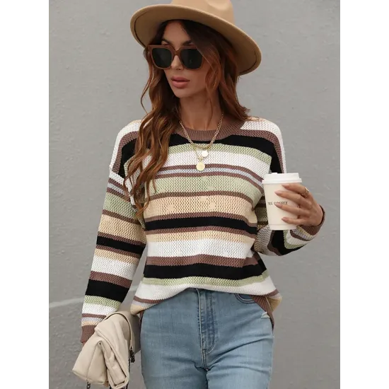Original Long Sleeves Loose Contrast Color Striped Round-Neck Sweater Tops Original Long Sleeves Loose Contrast Color Striped Round-Neck Sweater Tops
