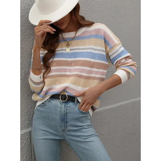 Original Long Sleeves Loose Contrast Color Striped Round-Neck Sweater Tops Original Long Sleeves Loose Contrast Color Striped Round-Neck Sweater Tops