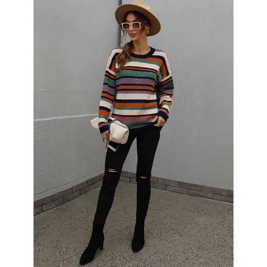 Original Long Sleeves Loose Contrast Color Striped Round-Neck Sweater Tops Original Long Sleeves Loose Contrast Color Striped Round-Neck Sweater Tops