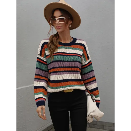 Original Long Sleeves Loose Contrast Color Striped Round-Neck Sweater Tops Original Long Sleeves Loose Contrast Color Striped Round-Neck Sweater Tops