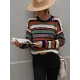 Original Long Sleeves Loose Contrast Color Striped Round-Neck Sweater Tops Original Long Sleeves Loose Contrast Color Striped Round-Neck Sweater Tops