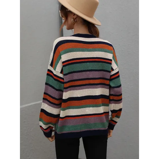 Original Long Sleeves Loose Contrast Color Striped Round-Neck Sweater Tops Original Long Sleeves Loose Contrast Color Striped Round-Neck Sweater Tops