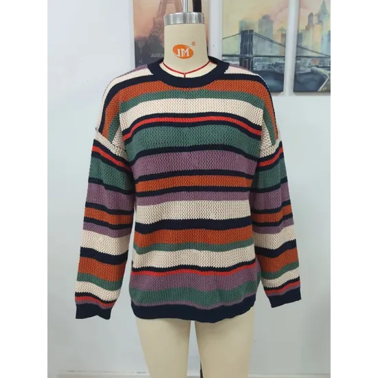 Original Long Sleeves Loose Contrast Color Striped Round-Neck Sweater Tops Original Long Sleeves Loose Contrast Color Striped Round-Neck Sweater Tops