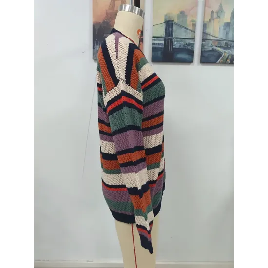 Original Long Sleeves Loose Contrast Color Striped Round-Neck Sweater Tops Original Long Sleeves Loose Contrast Color Striped Round-Neck Sweater Tops