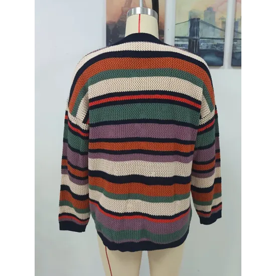 Original Long Sleeves Loose Contrast Color Striped Round-Neck Sweater Tops Original Long Sleeves Loose Contrast Color Striped Round-Neck Sweater Tops
