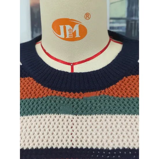Original Long Sleeves Loose Contrast Color Striped Round-Neck Sweater Tops Original Long Sleeves Loose Contrast Color Striped Round-Neck Sweater Tops