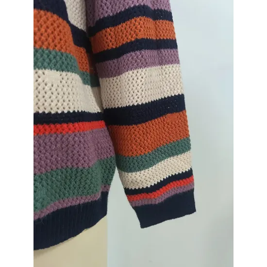Original Long Sleeves Loose Contrast Color Striped Round-Neck Sweater Tops Original Long Sleeves Loose Contrast Color Striped Round-Neck Sweater Tops