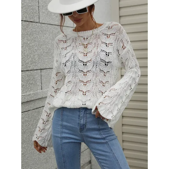 Original Creation Long Sleeves Loose Hollow Solid Color Round-Neck Sweater Tops