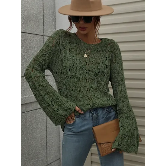 Original Creation Long Sleeves Loose Hollow Solid Color Round-Neck Sweater Tops