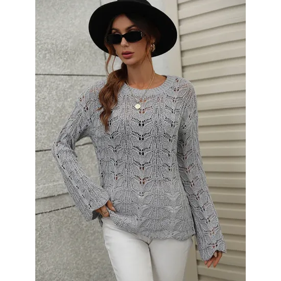 Original Creation Long Sleeves Loose Hollow Solid Color Round-Neck Sweater Tops