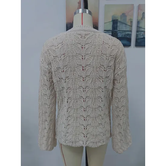 Original Creation Long Sleeves Loose Hollow Solid Color Round-Neck Sweater Tops
