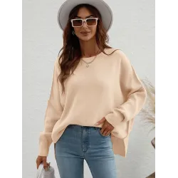 Casual Long Sleeves Loose Split-Side Solid Color Round-Neck Sweater Tops