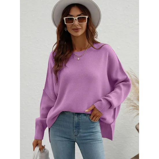 Casual Long Sleeves Loose Split-Side Solid Color Round-Neck Sweater Tops Casual Long Sleeves Loose Split-Side Solid Color Round-Neck Sweater Tops