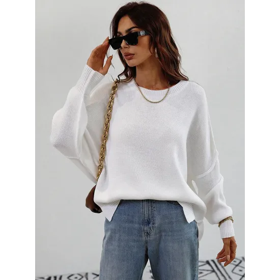 Casual Long Sleeves Loose Split-Side Solid Color Round-Neck Sweater Tops Casual Long Sleeves Loose Split-Side Solid Color Round-Neck Sweater Tops