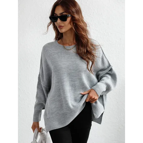 Casual Long Sleeves Loose Split-Side Solid Color Round-Neck Sweater Tops Casual Long Sleeves Loose Split-Side Solid Color Round-Neck Sweater Tops