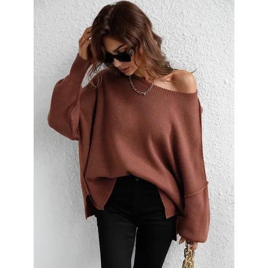 Casual Long Sleeves Loose Split-Side Solid Color Round-Neck Sweater Tops Casual Long Sleeves Loose Split-Side Solid Color Round-Neck Sweater Tops