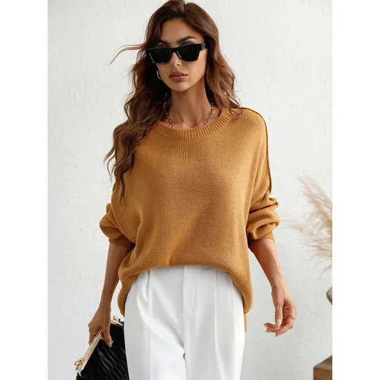 Casual Long Sleeves Loose Split-Side Solid Color Round-Neck Sweater Tops Casual Long Sleeves Loose Split-Side Solid Color Round-Neck Sweater Tops