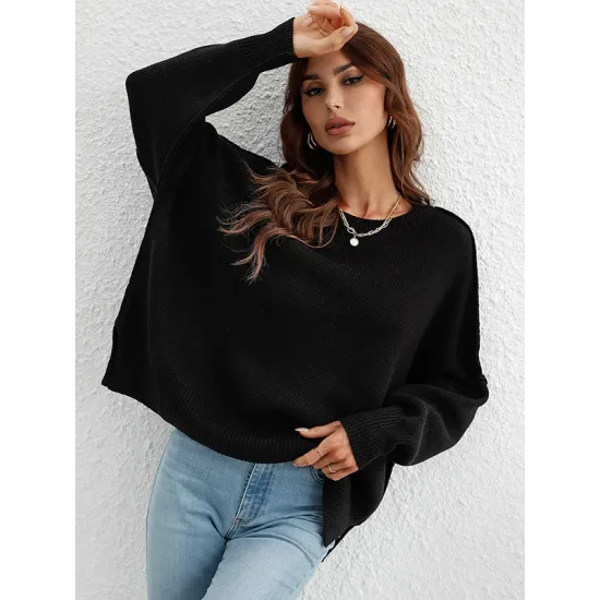 Casual Long Sleeves Loose Split-Side Solid Color Round-Neck Sweater Tops Casual Long Sleeves Loose Split-Side Solid Color Round-Neck Sweater Tops