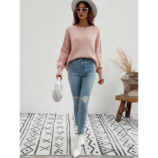 Casual Long Sleeves Loose Split-Side Solid Color Round-Neck Sweater Tops Casual Long Sleeves Loose Split-Side Solid Color Round-Neck Sweater Tops