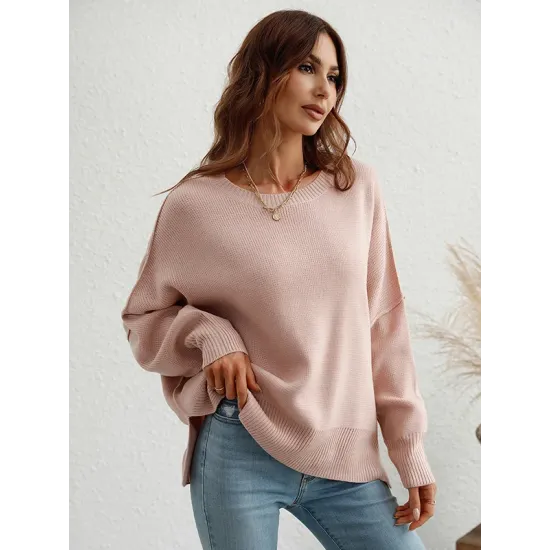 Casual Long Sleeves Loose Split-Side Solid Color Round-Neck Sweater Tops Casual Long Sleeves Loose Split-Side Solid Color Round-Neck Sweater Tops