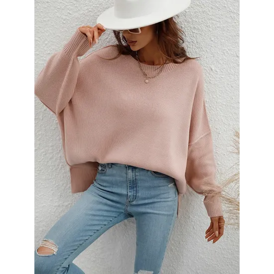 Casual Long Sleeves Loose Split-Side Solid Color Round-Neck Sweater Tops Casual Long Sleeves Loose Split-Side Solid Color Round-Neck Sweater Tops