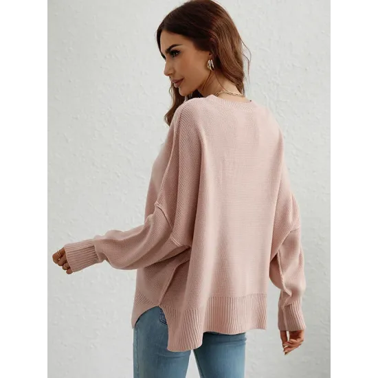 Casual Long Sleeves Loose Split-Side Solid Color Round-Neck Sweater Tops Casual Long Sleeves Loose Split-Side Solid Color Round-Neck Sweater Tops