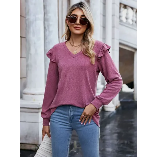 Casual Loose Solid Color V-Neck Shirts Top Casual Loose Solid Color V-Neck Shirts Top