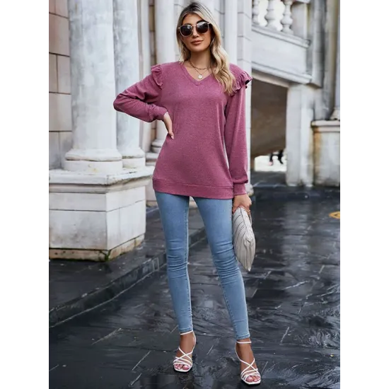 Casual Loose Solid Color V-Neck Shirts Top Casual Loose Solid Color V-Neck Shirts Top