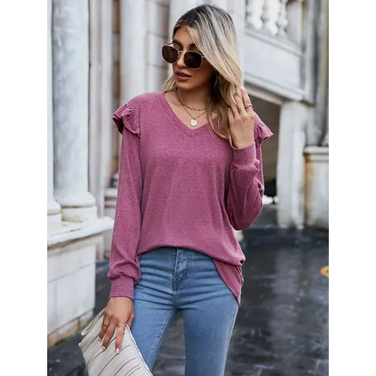 Casual Loose Solid Color V-Neck Shirts Top Casual Loose Solid Color V-Neck Shirts Top