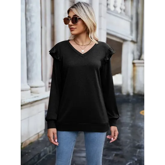 Casual Loose Solid Color V-Neck Shirts Top Casual Loose Solid Color V-Neck Shirts Top