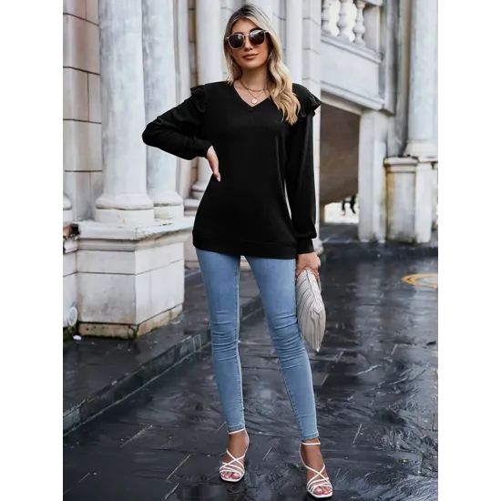 Casual Loose Solid Color V-Neck Shirts Top Casual Loose Solid Color V-Neck Shirts Top