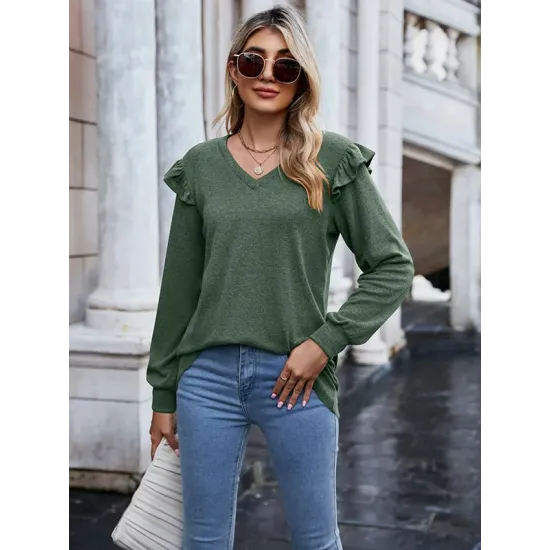 Casual Loose Solid Color V-Neck Shirts Top Casual Loose Solid Color V-Neck Shirts Top