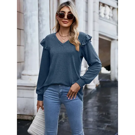 Casual Loose Solid Color V-Neck Shirts Top Casual Loose Solid Color V-Neck Shirts Top