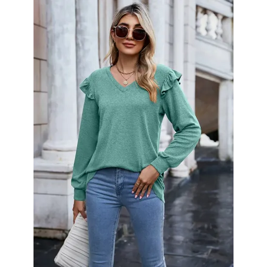 Casual Loose Solid Color V-Neck Shirts Top Casual Loose Solid Color V-Neck Shirts Top