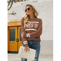 Casual Loose Letter Print Solid Color Round-Neck Sweater Tops
