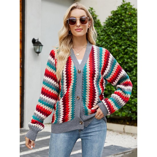 Casual Loose Patchwork V-Neck Sweater Top Casual Loose Patchwork V-Neck Sweater Top