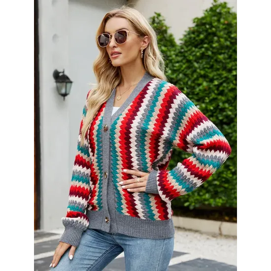 Casual Loose Patchwork V-Neck Sweater Top Casual Loose Patchwork V-Neck Sweater Top
