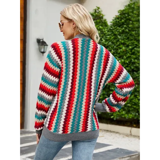Casual Loose Patchwork V-Neck Sweater Top Casual Loose Patchwork V-Neck Sweater Top