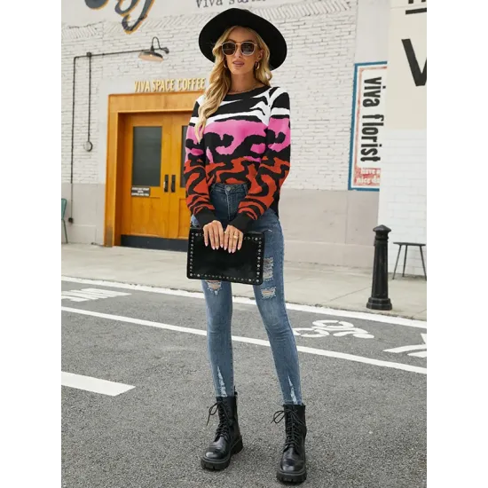 Casual Loose Zebra-Stripe Patchwork Sweater Top Casual Loose Zebra-Stripe Patchwork Sweater Top