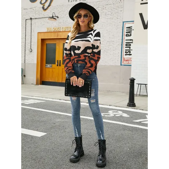 Casual Loose Zebra-Stripe Patchwork Sweater Top Casual Loose Zebra-Stripe Patchwork Sweater Top