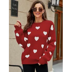 Casual Puff Sleeves Loose Heart Shape Sweater Top