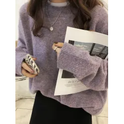 Simple Loose Long Sleeves Round-Neck Sweater Tops Pullovers