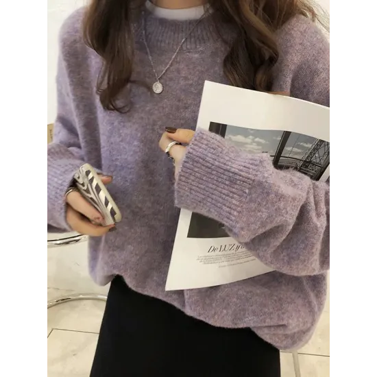Simple Loose Long Sleeves Round-Neck Sweater Tops Pullovers Simple Loose Long Sleeves Round-Neck Sweater Tops Pullovers