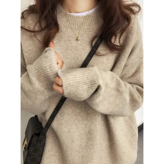 Simple Loose Long Sleeves Round-Neck Sweater Tops Pullovers Simple Loose Long Sleeves Round-Neck Sweater Tops Pullovers