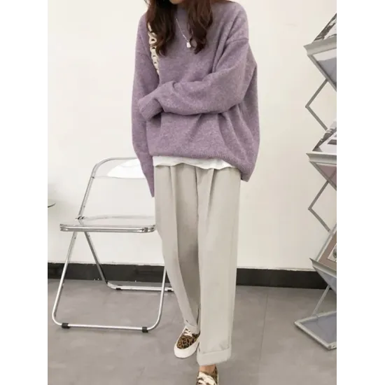 Simple Loose Long Sleeves Round-Neck Sweater Tops Pullovers Simple Loose Long Sleeves Round-Neck Sweater Tops Pullovers