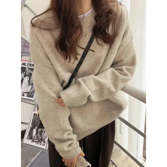 Simple Loose Long Sleeves Round-Neck Sweater Tops Pullovers Simple Loose Long Sleeves Round-Neck Sweater Tops Pullovers